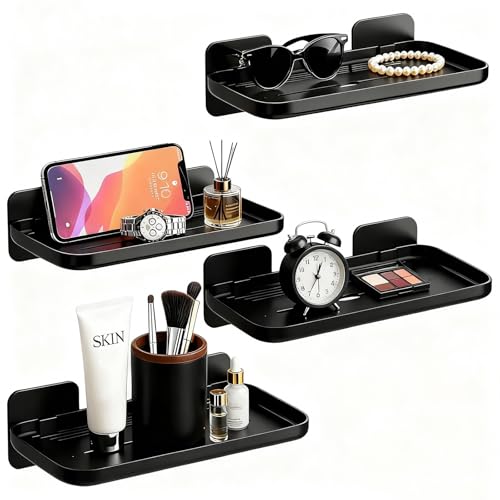 FAYYGYH 2 Pack Adhesive Floating Shelves, No Drill Small Floating Shelf | Wall Storage Damage-Free Wall Mounted Organizer for Bathroom, Kitchen, Bedroom & Office (Black-4pcs) - color: Black-4pcs