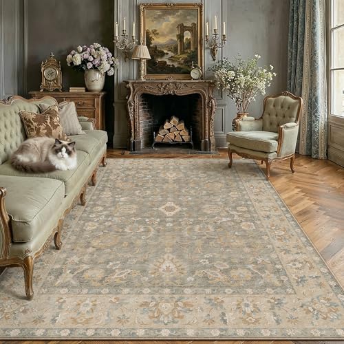 8x10 Brown Neutral Large Area Rug | Washable, Non Slip, Low Pile, Soft, Vintage, Distressed, Floral, Farmhouse, for Living room Bedroom Dining Room Office - color: Brown, size: 8' x 10' (Rectangular)