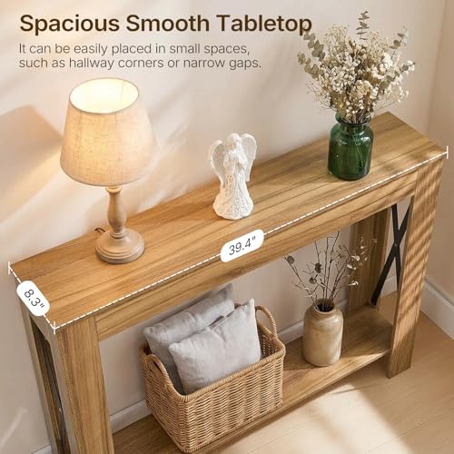 Farmhouse Console Table, 39.4'' Small Narrow Entryway Table, Wood Couch Table Behind Sofa with Storage Shelf, Slim Farmhouse Hallway Table for Living Room, Hallway, Foyer, Light Walnut CT34VV - color: Light Walnut