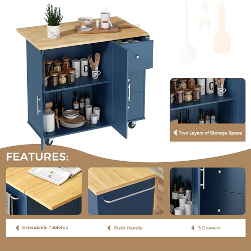 JY QAQA 40" Kitchen Island Cart Furniture cart on Wheels Rolling Portable Dining Room Serving Utility Carts Mobile Movable with Drawers Cabinet,Blue