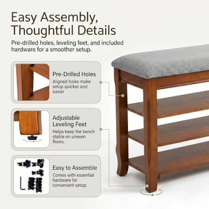Solid Wood Shoe Rack Bench with Storage, Flip-Top Soft-Close Lid, 31.5” | 550 lbs Max Load, Adjustable Shelves, Cushioned Entryway Shoe Organizer for Closet, Hallway, Foyer - size: 31.5"