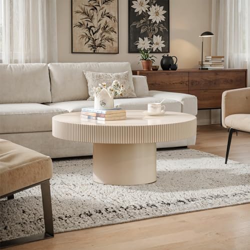 Round Fluted Coffee Table Handcrafted Relief Drum End Table | Mid Century Modern Drum Coffee Tables Rustic Industrials Wood Center Table for Apartment Living Room - color: White Round Thin