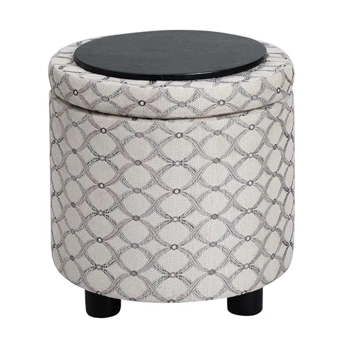 Convenience Concepts Designs4Comfort Accent Storage Ottoman 15.75" - Round Modern Upholstered Foot Stool with Tray Lid for Living Room, Family Room Storage Ottoman Seat, Ribbon Pattern Fabric