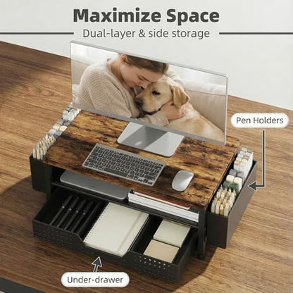 LEKETREE Wood Desk Organizer, 2-Tier Computer Monitor Stand Riser with Storage Drawer and 2 Pen Holders, Laptop & Printer Stand, Shelf for Top of Desk (Rustic Brown)