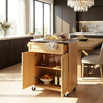 Christopher Knight Home ZAH Bamboo Rolling Cart with Drawers, Kitchen Bar Cart on Wheels with Stainless Steel Top, Mobile Rolling Kitchen Cart Storage Cabinet, Serving Cart, 29.13'' x 18.5'', Natural - size: Small