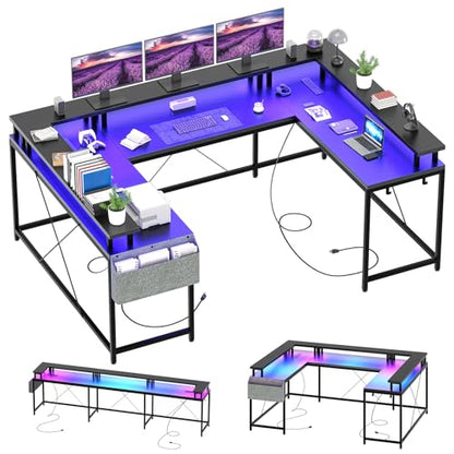 GarveeHome U Shaped Desk with Power Outlets & LED Lights, 79 in Reversible L Shaped Desk, Corner Computer Desk Office Desk with Full Monitor Stand, Black