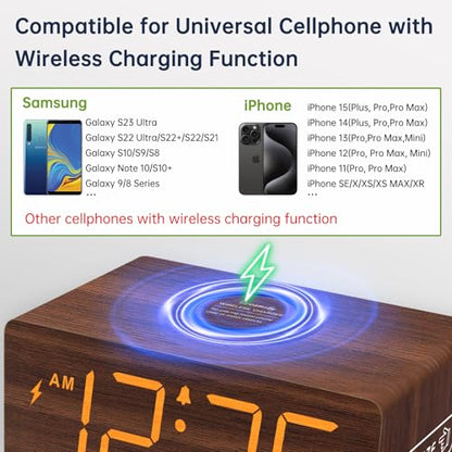 DreamSky Wooden Digital Alarm Clock with Wireless Charging for Bedroom | Bedside Nightstand Clock with Charger Station, USB Port, Large Numbers, Adjustable Volume, Brightness Dimmer, DST - color: Brown