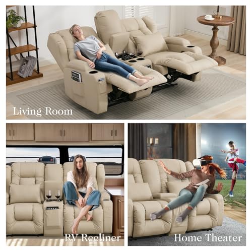 Loveseat Recliner Sofa,RV Wall Hugger Recliners with Console,Reclining Loveseat Sofa Recliner with Cup Holders/Lumbar Pillows for Small Spaces,RV Furniture (Beige,66" 2-Seater) - color: Beige, size: 66" 2-Seater