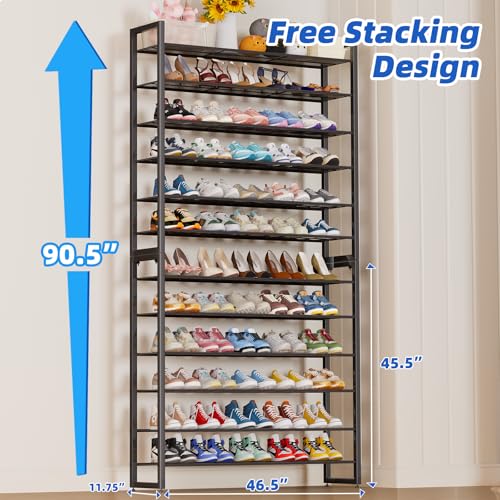 Simple Trending 12 Tier Shoe Rack, Sturdy Tall Shoe Organizer, Black | Holds 60 Pairs, Sturdy Tall Shoe Organizer, Heavy Duty Large Metal Stackable, For Entryway, Closet, Bedroom - size: 12 Tiers