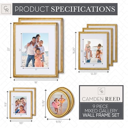 Mixed Gallery Wall Frame Set, (2) 16x20 Inch, (1) 11x14 Inch, and (2) 8x10 Inch, 9 Piece, Brass - color: Brass