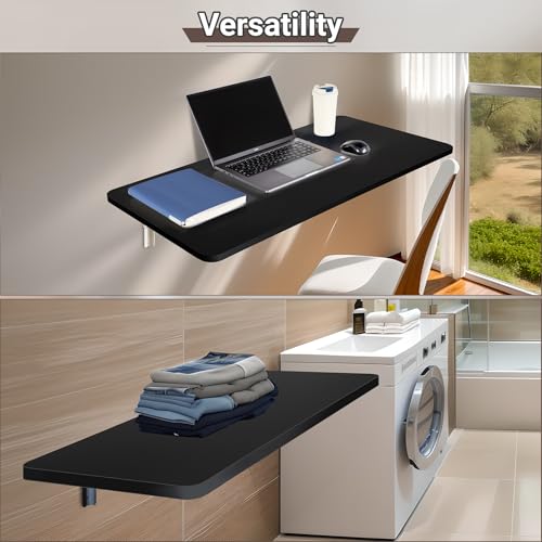Neoaider Wall Mounted Folding Table 39.4”L x 19.7”W, Black | Laundry Folding Table with Heavy Duty Metal Collapsible Shelf Brackets, Wall Mounted Desk Fold Down for Small Spaces - color: Black, size: 39.4" x 19.7"