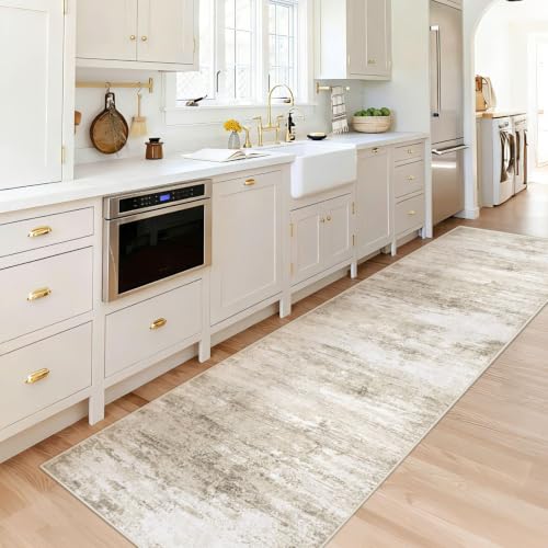 Washable 2x8 Runner Rug for Hallway: Kitchen Runner Non Slip Neutral Soft Abstract Modern Low Pile Stain Resistant Carpet Runner for Entryway Bedroom Bathroom Laundry Indoor Floor (Beige, 2'x8') - color: Beige, size: 2' x 8' (Rectangular)