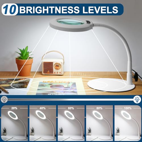 IVMAIE 12X Magnifying Glass with Light, Real Glass Lens, 5 Color Modes Dimmable, Flexible Gooseneck Lighted Magnifier with Stand, LED Desk Lamp Hands Free for Crafts Painting Reading Close Work, White - color: White