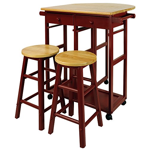 Casual Home Drop Leaf Breakfast Cart with 2 Stools-Red - color: Natural&red