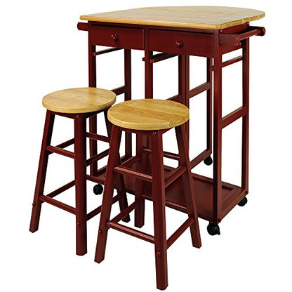 Casual Home Drop Leaf Breakfast Cart with 2 Stools-Red - color: Natural&red
