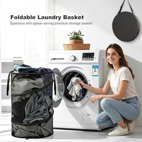 BATTOO Collapsible Laundry Basket with Lid, Large Foldable Mesh Pop Up Hamper 88L with Handles for Laundry Room, Bathroom, Kids Room, College Dorm, Travel, Storage Organizer Black - color: Black, size: Extra Large