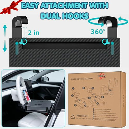 2-in-1 Car Steering Wheel Desk & Seat Gap Organizer Filler Tray | Foldable Adjustable Height Car Desk for Laptop Computer Tablet, Eating - Portable Table for Car Workstation Truck SUV Tesla