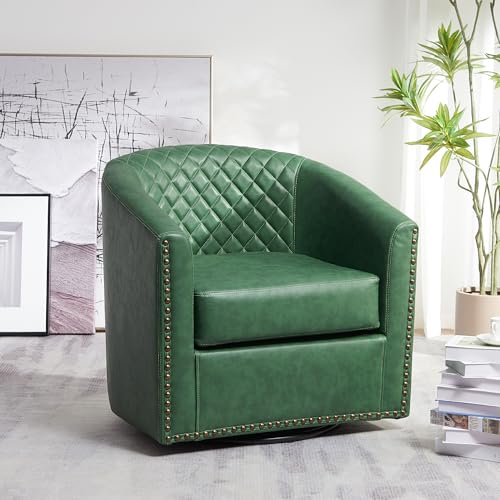 KINWELL 29" W Faux Leather Tufted PU Swivel Barrel Accent Chair, Green | No Assembly Vegan Leather Upholstered Swivel Club Chair with Nailhead Trim, Modern Armchair for Small Spaces Apartment - color: Green, style: Set of 1