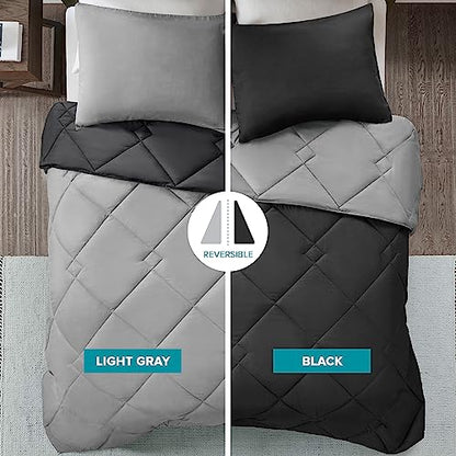 Comfort Spaces Vixie Reversible Comforter Set - Trendy Casual Geometric Quilted Cover, All Season Down Alternative Cozy Bedding, Matching Sham, Black/Gray, Twin/Twin XL 2 piece | Down Alternative, All Season, Bedding for Bedroom, Geometric Pattern, Revers