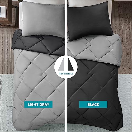 Comfort Spaces Vixie Reversible Comforter Set - Trendy Casual Geometric Quilted Cover, All Season Down Alternative Cozy Bedding, Matching Sham, Black/Gray, Full/Queen 3 piece | Down Alternative, All Season, Bedding for Bedroom, Geometric Pattern, Reversib
