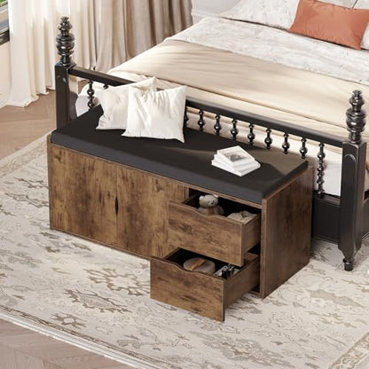 LVB Entryway Shoe Bench, Rustic Storage Bench with Cushioned Seating | Long Hidden Shoe Storage Bench with 2 Drawers, Industrial Wooden Shoe Benchs in Hallway Living Room Bedroom, Rustic Brown - color: Rustic Brown