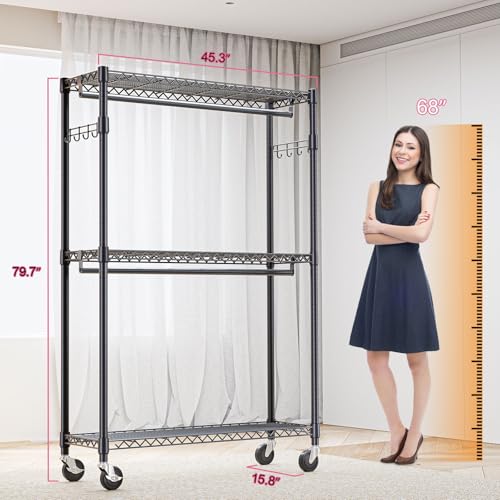 M MZG Heavy Duty Rolling Garment Rack 3 Tiers Adjustable Wire Shelving Clothes Rack with 2 Rods and Side Hooks,Storage Closet Clothing Rack with Wheels Black 15.7" D x 45.3" W x 79.6" H - color: Black, size: 3 Tier and 2 Rod 15.7"D x 45.3"W x 79.6"H