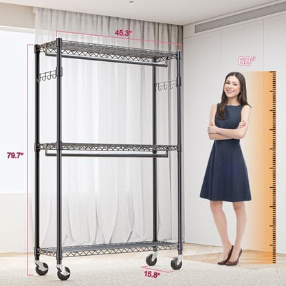 M MZG Heavy Duty Rolling Garment Rack 3 Tiers Adjustable Wire Shelving Clothes Rack with 2 Rods and Side Hooks,Storage Closet Clothing Rack with Wheels Black 15.7" D x 45.3" W x 79.6" H - color: Black, size: 3 Tier and 2 Rod 15.7"D x 45.3"W x 79.6"H