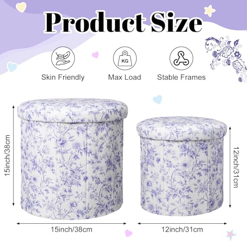 Geetery 2 Pcs Dorm Ottoman with Storage Set Blue Floral Ottoman | Vanity Stool with Storage for Bedroom Coffee Table Small Coquette Foot Stool for Girls Living Room College Dorm Essentials - style: Blue and White Flowers Pattern