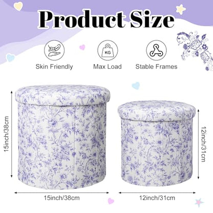 Geetery 2 Pcs Dorm Ottoman with Storage Set Blue Floral Ottoman | Vanity Stool with Storage for Bedroom Coffee Table Small Coquette Foot Stool for Girls Living Room College Dorm Essentials - style: Blue and White Flowers Pattern