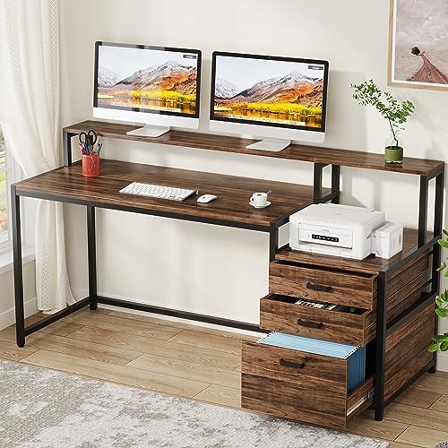 Tribesigns 63 Inch Computer Desk with File Drawer Cabinet, Ergonomic Desk | Office Desk with Monitor Stand, Computer Table with Printer Space, Wood PC Table Workstation Desk for Home Office - color: Rustic Brown