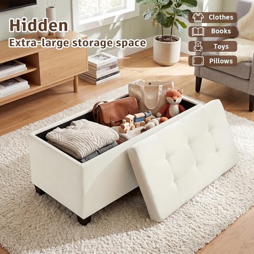 29.5" Cream White Linen Storage Ottoman with Reversible Tray | Upholstered Ottoman Coffee Table with Hidden Storage, Linen Foot Rest Ottoman for Living Room, Bedroom and Entryway - color: Beige
