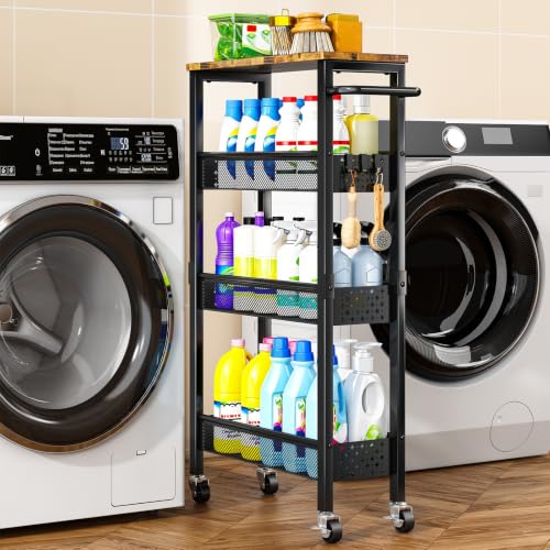 Slim Storage Cart with Wheels, 4 Tier Metal Rolling Organizer with Wood Top and Handle, Narrow Utility Shelf for Kitchen Bathroom Laundry Room, Black - color: Black-7.1inch