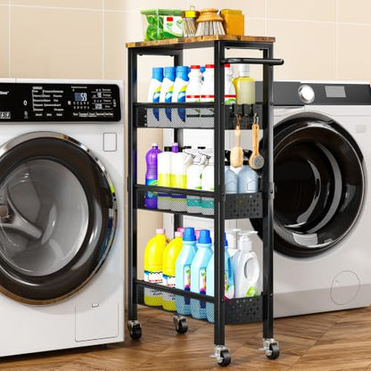 Slim Storage Cart with Wheels, 4 Tier Metal Rolling Organizer with Wood Top and Handle, Narrow Utility Shelf for Kitchen Bathroom Laundry Room, Black - color: Black-7.1inch