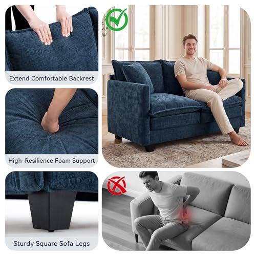 3 Seater Couch & Loveseat Sofa 2 Piece Set, Small 50" Love Seat & 69" Cloud 3 Seat Couch Sofa Set Washable Chenille Pillow Living Room Set for Apartment Office 50-Blue-3+2 - color: Blue, size: 50"+69"