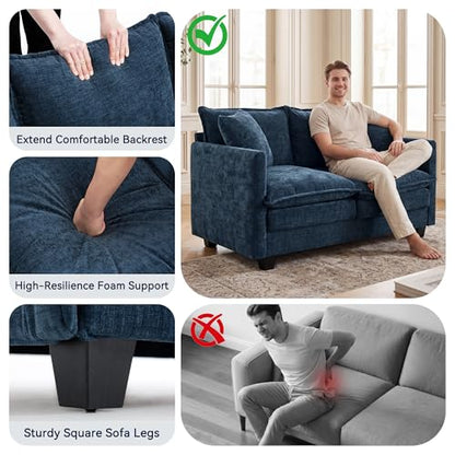 3 Seater Couch & Loveseat Sofa 2 Piece Set, Small 50" Love Seat & 69" Cloud 3 Seat Couch Sofa Set Washable Chenille Pillow Living Room Set for Apartment Office 50-Blue-3+2 - color: Blue, size: 50"+69"