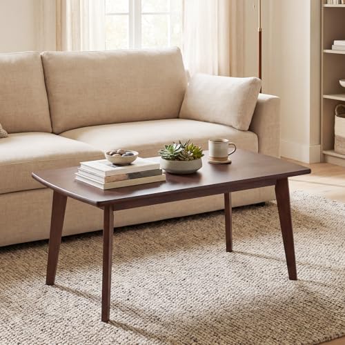 GOFLAME Solid Wood Coffee Table, 34.5" x 21" x 17" Mid-Century Modern Center Table with Storage, Curved Edges, Retro, Small Japanese Floor Table with Tapered Legs for Living Room, Apartment, Walnut