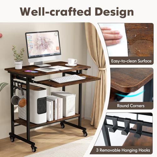 Tangkula Rolling Computer Desk Cart with Keyboard Tray, Mobile Portable Laptop PC Desk with CPU Stand & 3 Hooks for Sofa & Bed, Industrial Small Desk on Wheels for Small Spaces, Home Office Desk - color: Rustic Brown