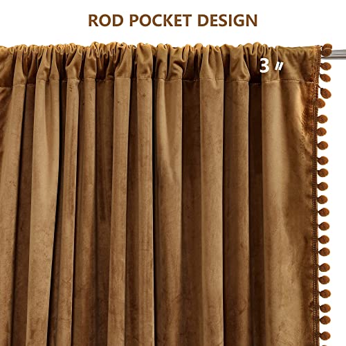 Benedeco Pom Pom Velvet Blackout Curtains 52x84, Toffee Camel, 2 Panels | Elegant Room Darkening Thermal Insulated Energy Saving Noise Reducing Boho Drapes for Bedroom, Living Room - color: A-camel, size: 52"W x 84"L (Pack of 2)