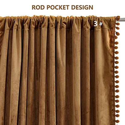 Benedeco Pom Pom Velvet Blackout Curtains 52x90, Toffee Camel, 2 Panels | Elegant Room Darkening Thermal Insulated Energy Saving Noise Reducing Boho Drapes for Bedroom, Living Room - color: A-camel, size: 52"W x 90"L (Pack of 2)