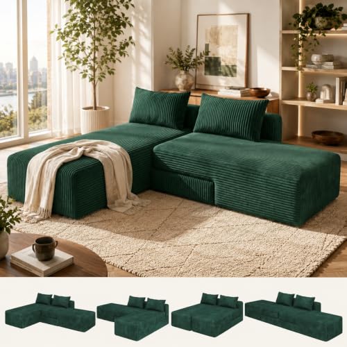Boneless Sectional Couch, 4 in 1 Convertible Cloud Couch with Reversible Chaise & Deep Seat, Modular Sectional Sofa for Apartment, No Assembly Corduroy Foam Couch in a Box, Green - color: Green, size: 89" Convertible Chaise Corduroy