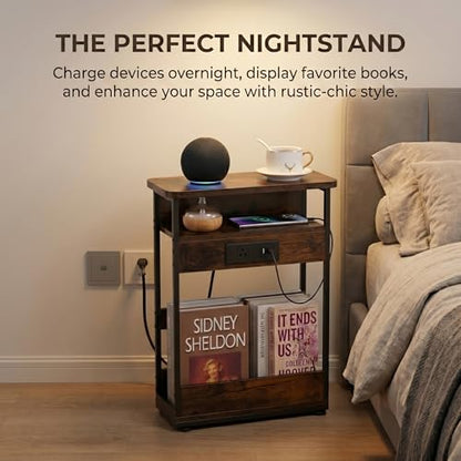 Narrow Side Table With Charging Station, 3-Tier End Table with 2 USB Ports & Power Outlets,Thin Sofa Side Table for Narrow and Small Spaces, Bedside Table Nightstand for Living Room,Rustic Brown - color: Rustic Brown