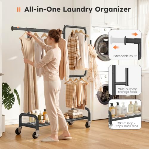 SOLEDI Heavy Duty Partitioned Clothes Rack, 600 LBS Load Metal Garment Rack with Shelves & Lockable Wheels, Rolling Hanging Rack for Bedroom, Laundry Room, Store & Garage (Black) - color: Black