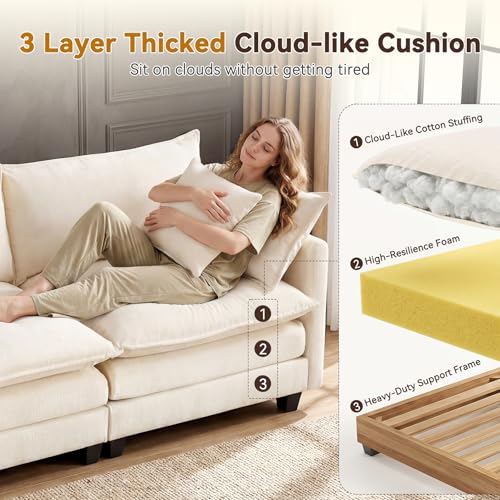 110" Modular Sectional Cloud Sofa Couch V Shape with 2 Ottoman, Beige | 3 Layer Cushion, 6 Washable Pillows, 29" Deep Seat, Chenille Fabric, for Living Room Apartment - color: Beige, size: 110"V-2