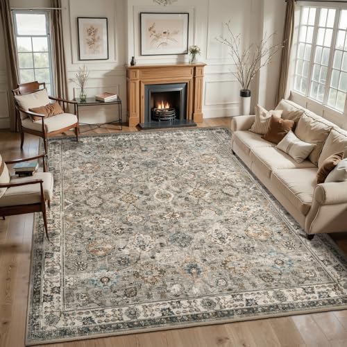Tangsoo Washable 9x12 Area Rugs for Living Room,Boho Beige Floral Large Rug | Vintage Farmhouse 9 x 12 Neutral Rug Non Slip,Soft Low Pile Grey Rug Big Carpet for Bedroom Office Dinning Room Laundry Room - color: Distressed Beige Grey, size: 9' X 12' (Rect