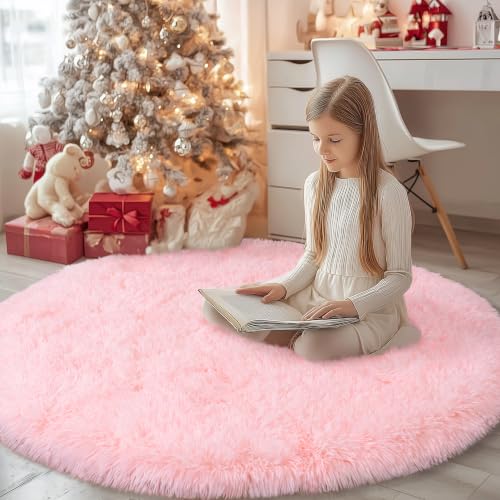 5ft Pink Round Shag Rug for Girls Bedroom, Washable Non-Slip | Soft Fluffy Pink Circle Rug for Kids Room Dorm Living Room Home Decor, Thick Memory Sponge, Flame Resistant - color: Pink, size: 5' (Round)