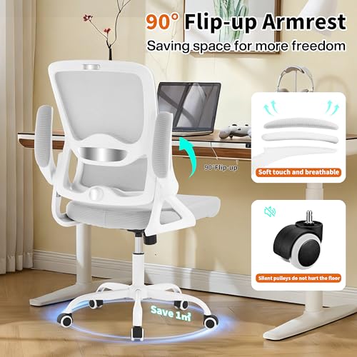 Ergonomic Office Chair,Mesh Office Chair with Lumbar Support,Mid Back Desk Chair with Flip-up Arms,400 lbs Comfy Computer Chair for Home Office (Off-White Gray) - color: Off-white Gray