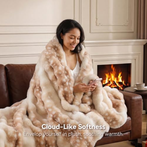 Faux Rabbit Fur Throw for Couch - Deer Brown Bubble Blanket 50"x60" | Fluffy Plush Fuzzy Fawn Throw for Sofa & Bed, Super Soft Cozy Comfrt Blanket,Luxury Aesthetic Deer Print Decor Gift for Women - color: Deer Brown, size: Throw(50" x 60")