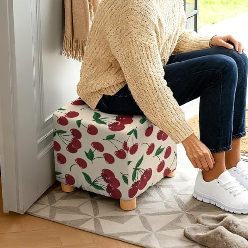 Cute Cherry Print Stretch Square Ottoman Cover Nonslip Elastic Band Bottom Footrest Stool Cover Protector for Square Ottoman 13x13x15 Inch - color: Cute Cherry