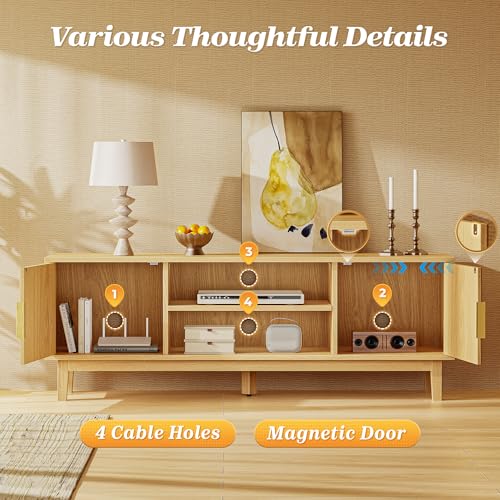 54 Inch Fluted TV Stand for TVs Up to 55, 60 Inch, Mid Century Modern Entertainment Center with Storage, TV Console with Adjustable Shelves, Midea Console for Living Room Bedroom, Beige - color: Nature