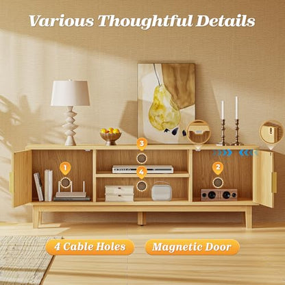 54 Inch Fluted TV Stand for TVs Up to 55, 60 Inch, Mid Century Modern Entertainment Center with Storage, TV Console with Adjustable Shelves, Midea Console for Living Room Bedroom, Beige - color: Nature